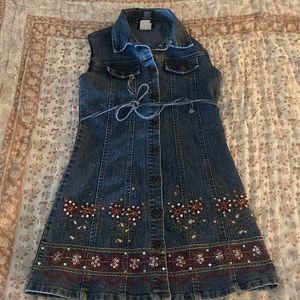 Vintage y2k denim vest mini dress with adorable floral beaded detail.